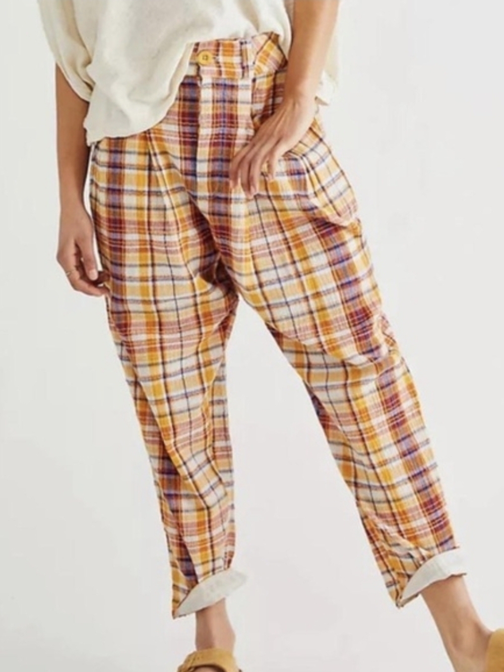 Free People Yellow Plaid Cropped Relaxed Pants